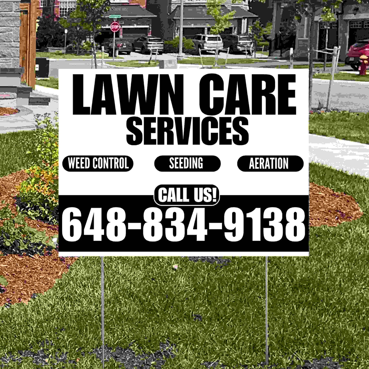 Landscaper - Lawn Care Services - Weed Control Seeding Aeration - White Black Design YardSigns.com