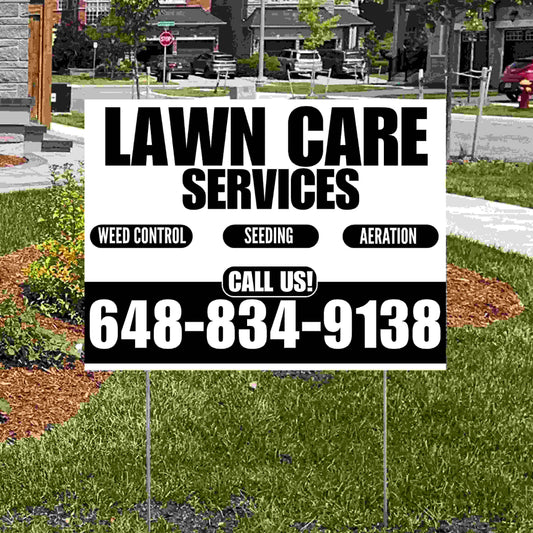 Landscaper - Lawn Care Services - Weed Control Seeding Aeration - White Black Design YardSigns.com