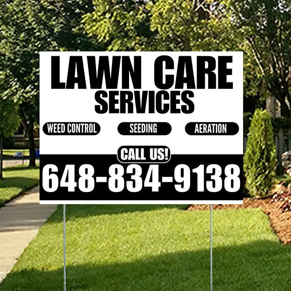 Landscaper - Lawn Care Services - Weed Control Seeding Aeration - White Black Design YardSigns.com