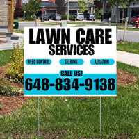 Landscaper - Lawn Care Services - Weed Control Seeding Aeration - White Aqua Blue Design YardSigns.com