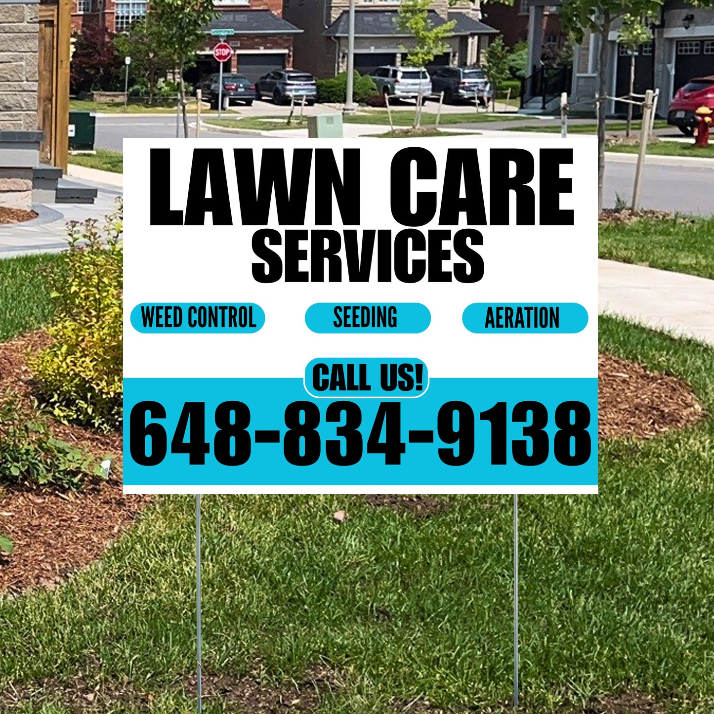 Landscaper - Lawn Care Services - Weed Control Seeding Aeration - White Aqua Blue Design YardSigns.com