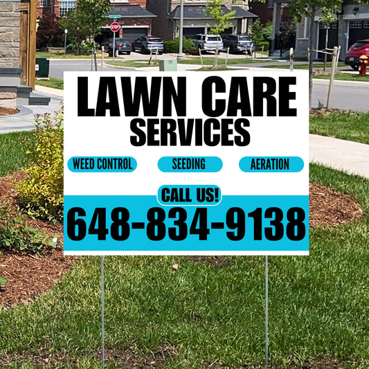 Landscaper - Lawn Care Services - Weed Control Seeding Aeration - White Aqua Blue Design YardSigns.com