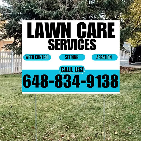 Landscaper - Lawn Care Services - Weed Control Seeding Aeration - White Aqua Blue Design YardSigns.com
