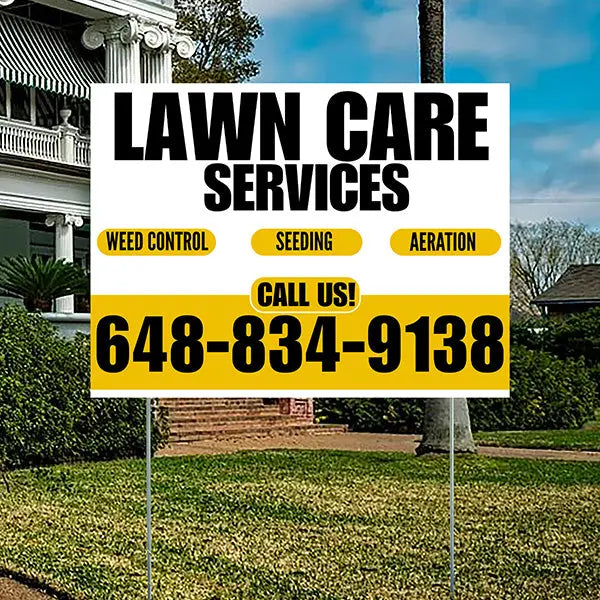 Landscaper - Lawn Care Services - Weed Control Seeding Aeration - White Mustard Gold Design YardSigns.com