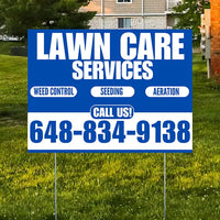 Landscaper - Lawn Care Services - Weed Control Seeding Aeration - Blue White Design YardSigns.com
