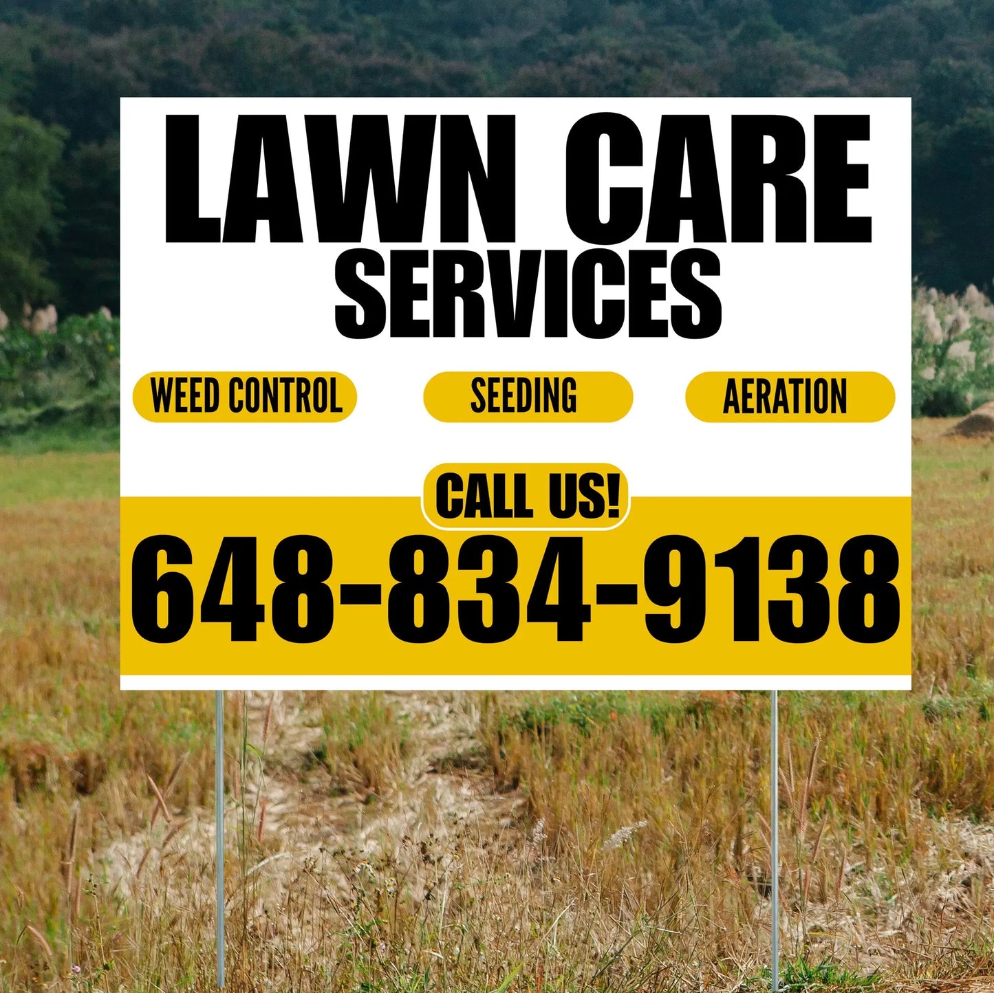 Landscaper - Lawn Care Services - Weed Control Seeding Aeration - White Mustard Gold Design YardSigns.com