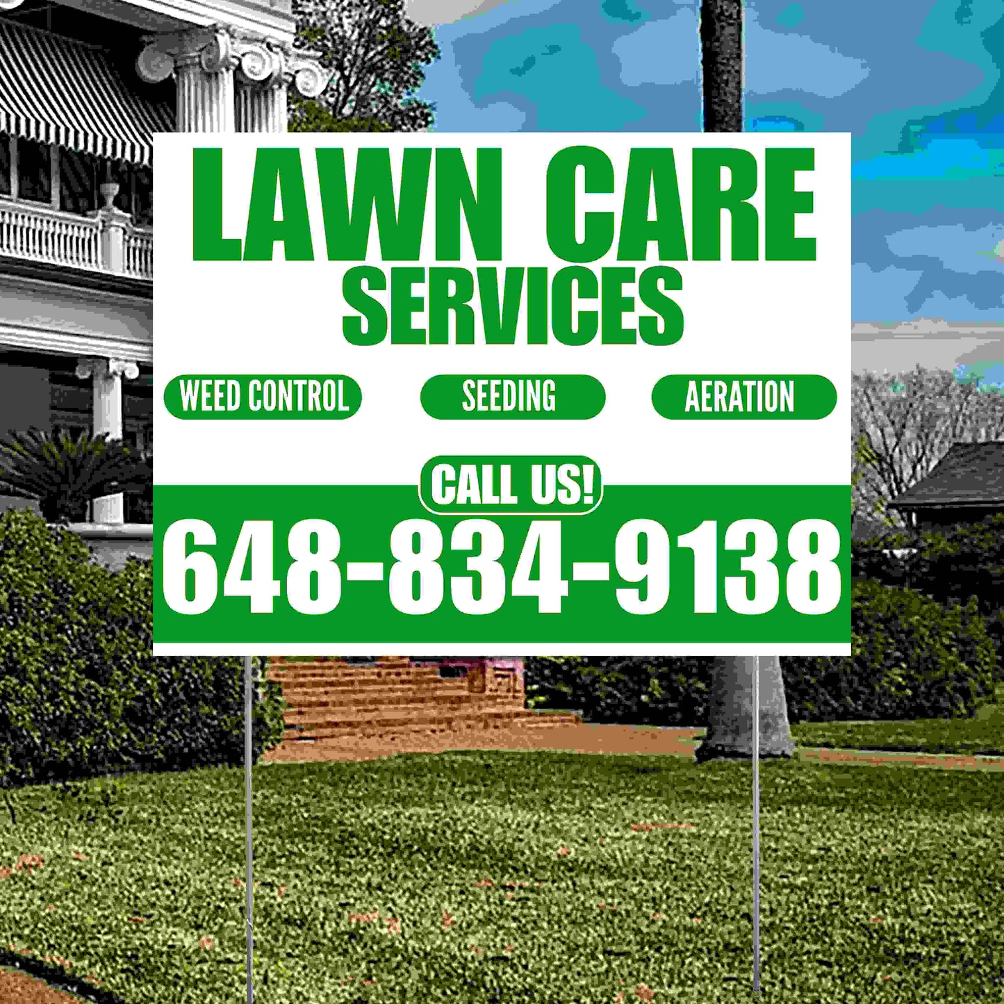 Landscaper - Lawn Care Services - Weed Control Seeding Aeration - White Green Design YardSigns.com