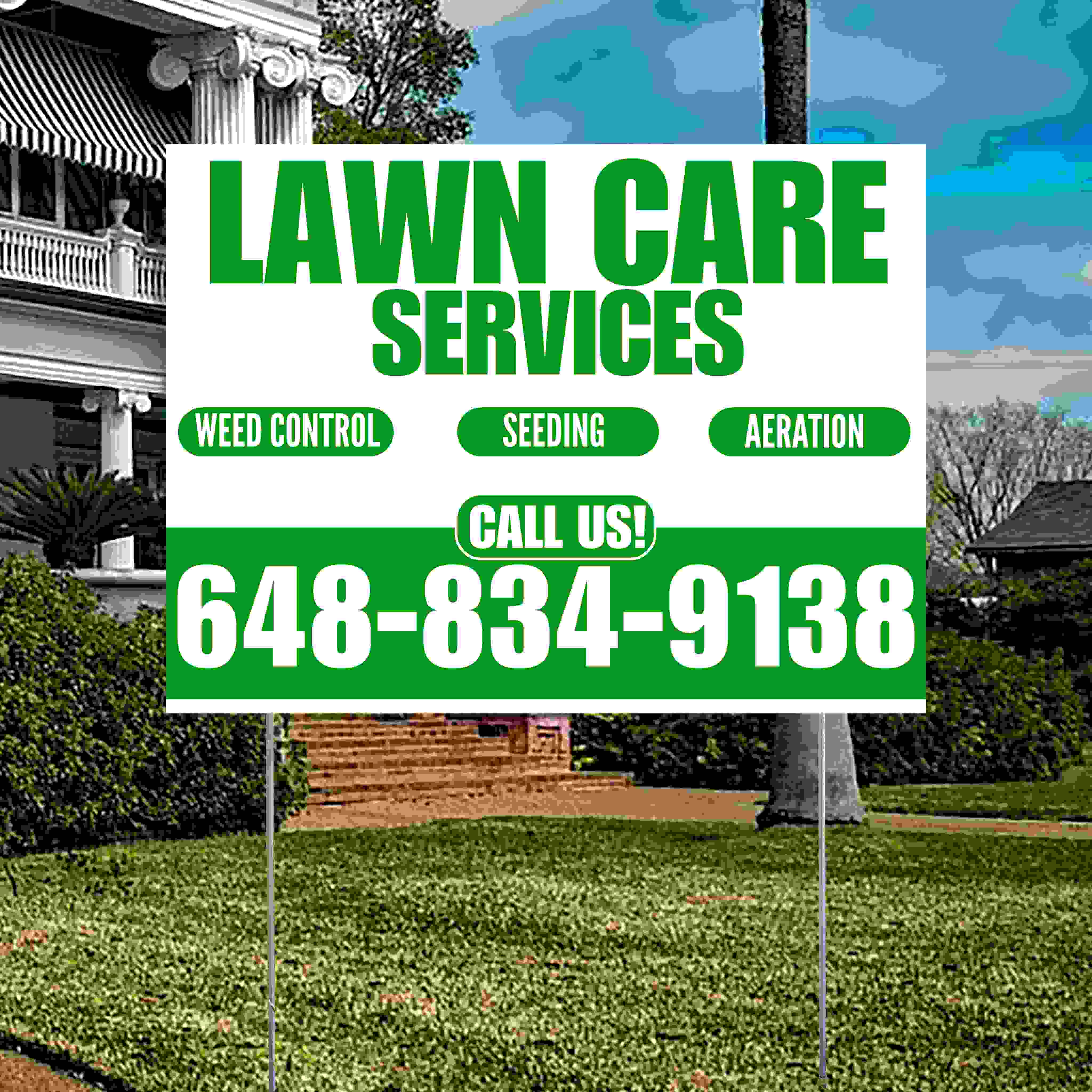 Landscaper - Lawn Care Services - Weed Control Seeding Aeration - White Green Design YardSigns.com