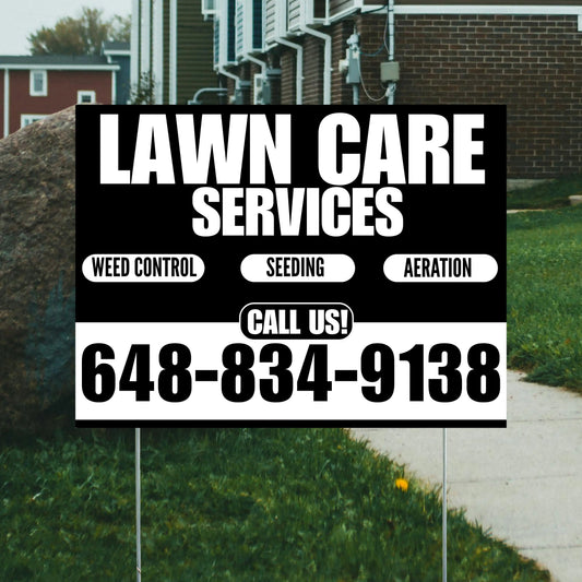 Landscaper - Lawn Care Services - Weed Control Seeding Aeration - Black White Design YardSigns.com