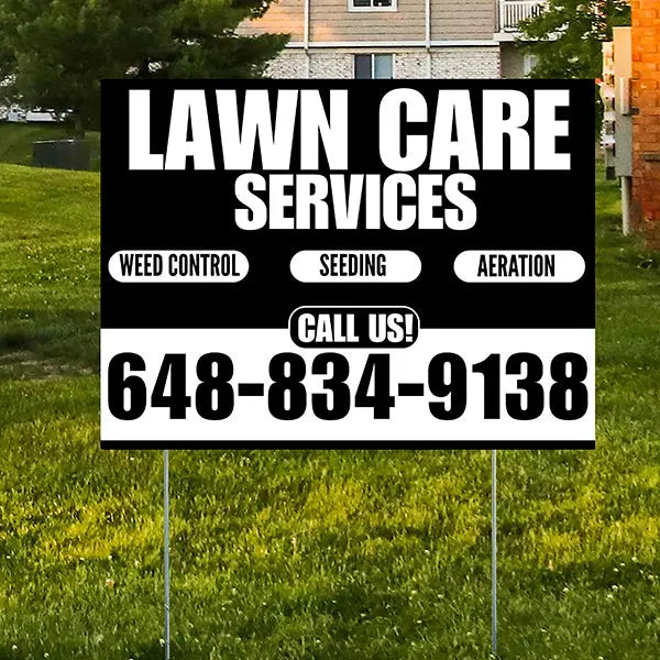 Landscaper - Lawn Care Services - Weed Control Seeding Aeration - Black White Design YardSigns.com