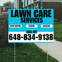 Landscaper - Lawn Care Services - Weed Control Seeding Aeration - Aqua Blue White Design YardSigns.com