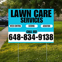 Landscaper - Lawn Care Services - Weed Control Seeding Aeration - Aqua Blue White Design YardSigns.com