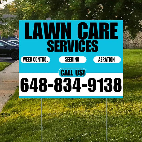 Landscaper - Lawn Care Services - Weed Control Seeding Aeration - Aqua Blue White Design YardSigns.com