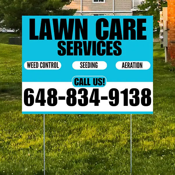Landscaper - Lawn Care Services - Weed Control Seeding Aeration - Aqua Blue White Design YardSigns.com