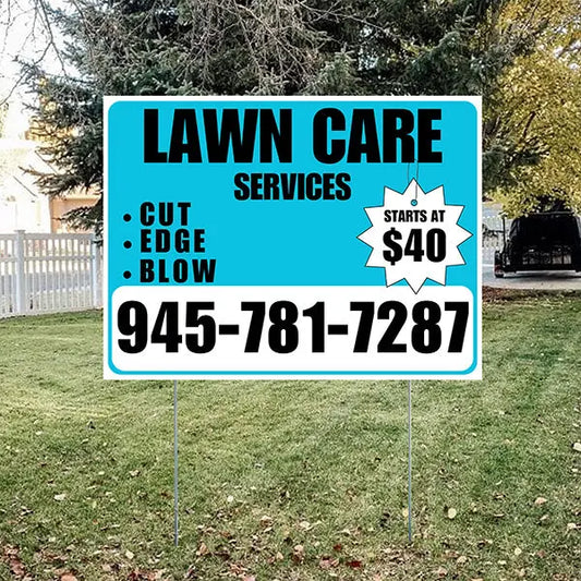 Landscaper - Quality Lawn Care with Price Tag - Aqua Blue White Design YardSigns.com