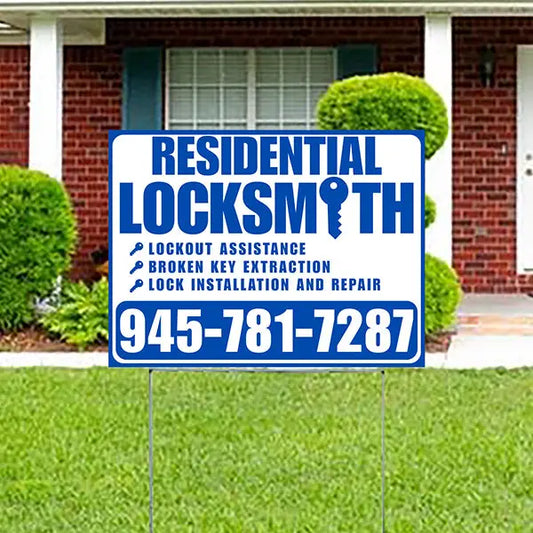 Residential Locksmith Services - Lockout Assistance, Broken Key Extraction, Lock Installation and Repair - Plain Blue White Design - YardSigns.com