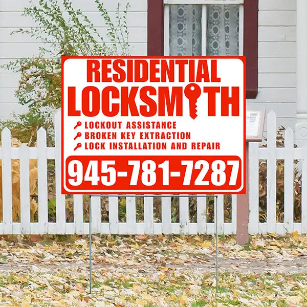 Residential Locksmith Services - Lockout Assistance, Broken Key Extraction, Lock Installation and Repair - Plain Chili Red White Design - YardSigns.com