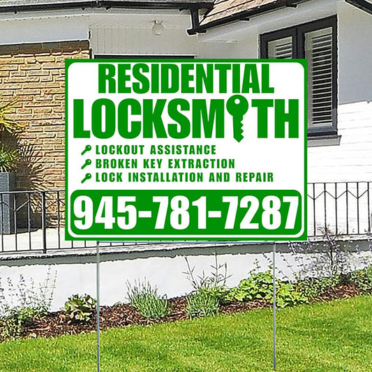 Residential Locksmith Services - Lockout Assistance, Broken Key Extraction, Lock Installation and Repair - Plain Green White Design - YardSigns.com