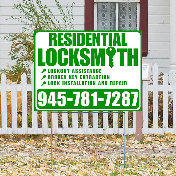 Residential Locksmith Services - Lockout Assistance, Broken Key Extraction, Lock Installation and Repair - Plain Green White Design - YardSigns.com