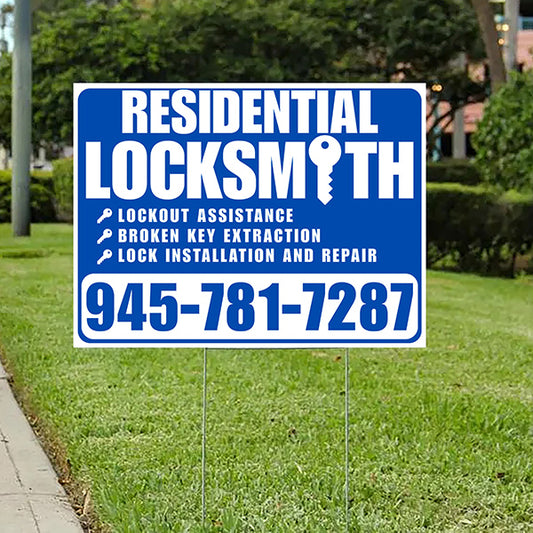Residential Locksmith Services - Lockout Assistance, Broken Key Extraction, Lock Installation and Repair - Plain White Blue Design - YardSigns.com
