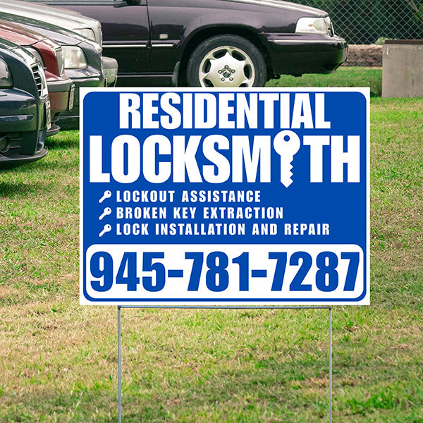 Residential Locksmith Services - Lockout Assistance, Broken Key Extraction, Lock Installation and Repair - Plain White Blue Design - YardSigns.com