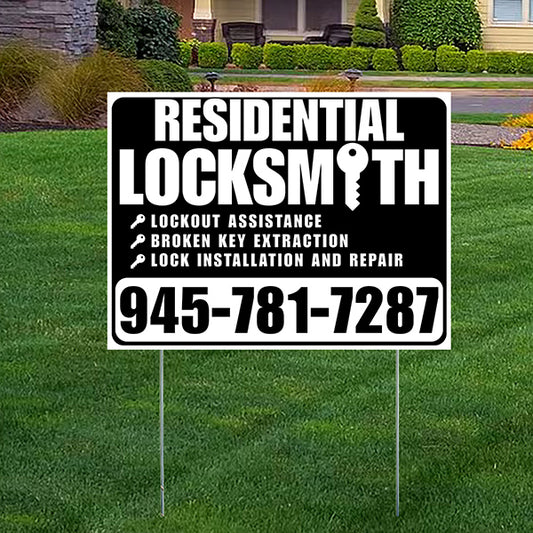 Residential Locksmith Services - Lockout Assistance, Broken Key Extraction, Lock Installation and Repair - Plain White Black Design - YardSigns.com