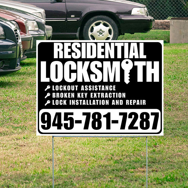 Residential Locksmith Services - Lockout Assistance, Broken Key Extraction, Lock Installation and Repair - Plain White Black Design - YardSigns.com
