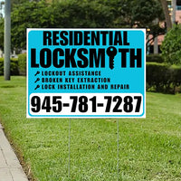 Residential Locksmith Services - Lockout Assistance, Broken Key Extraction, Lock Installation and Repair - Plain White Aqua Blue Design - YardSigns.com
