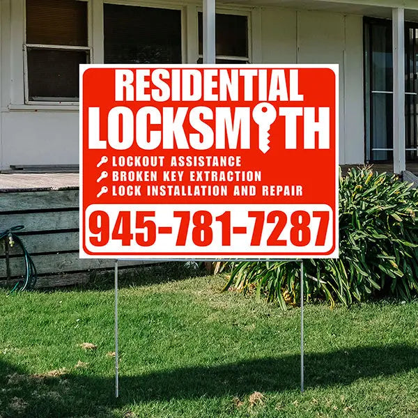 Locksmith Services - Residential Lockouts, Automobile Lockouts, Key Duplication - Plain Chili Red White Design YardSigns.com