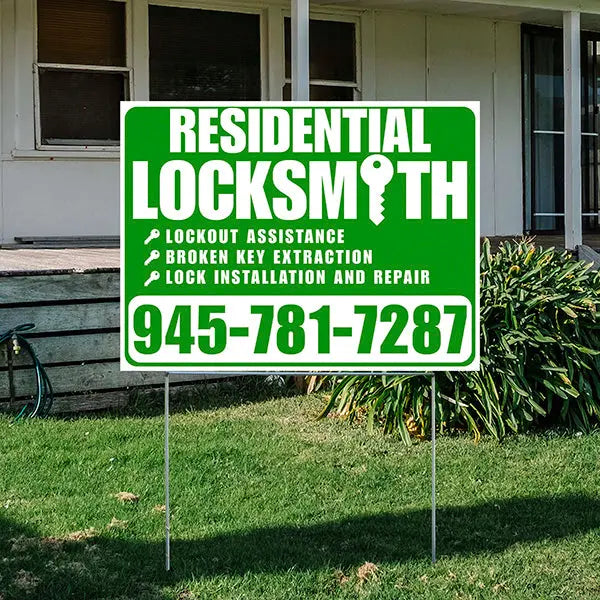 Residential Locksmith Services - Lockout Assistance, Broken Key Extraction, Lock Installation and Repair - Plain White Green Design - YardSigns.com