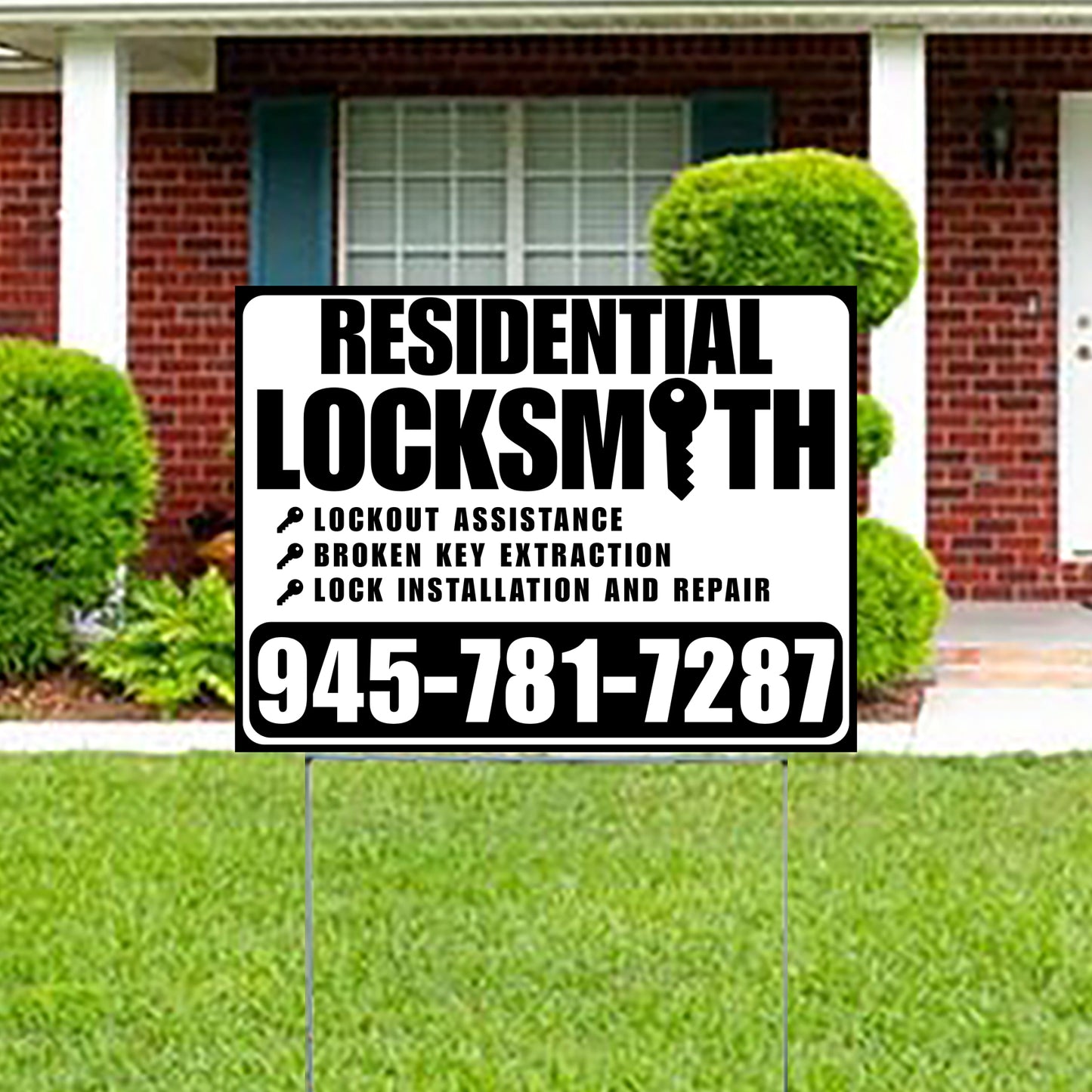 Residential Locksmith Services - Lockout Assistance, Broken Key Extraction, Lock Installation and Repair - Plain Black White Design - YardSigns.com