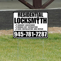 Residential Locksmith Services - Lockout Assistance, Broken Key Extraction, Lock Installation and Repair - Plain Black White Design - YardSigns.com