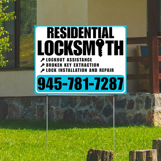 Residential Locksmith Services - Lockout Assistance, Broken Key Extraction, Lock Installation and Repair - Plain Aqua Blue White Design - YardSigns.com