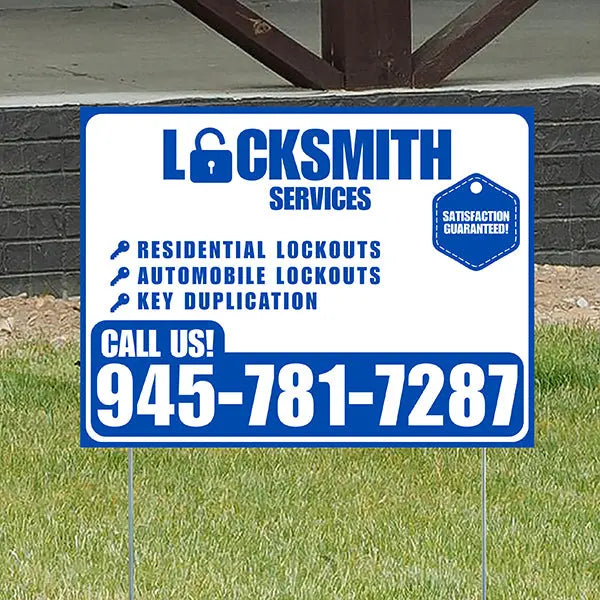 Locksmith Services - Residential Lockouts, Automobile Lockouts, Key Duplication - Plain Blue White Design YardSigns.com