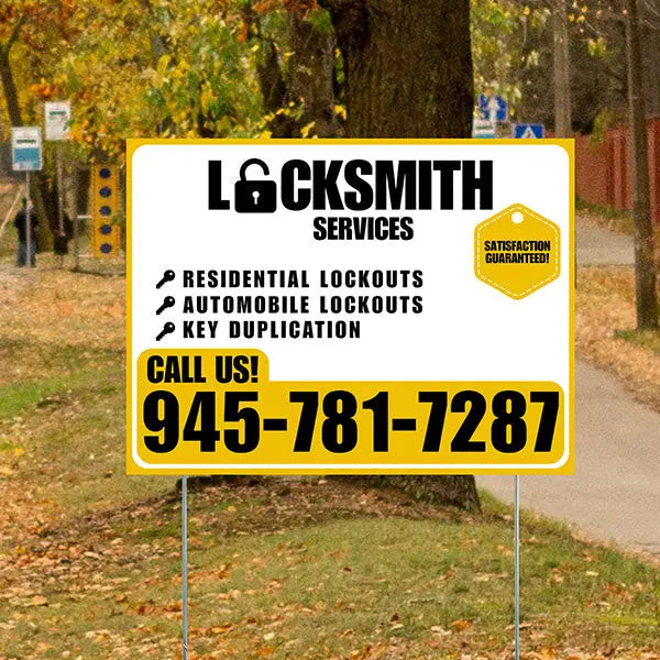 Locksmith Services - Residential Lockouts, Automobile Lockouts, Key Duplication - Plain Mustard Gold White Design YardSigns.com