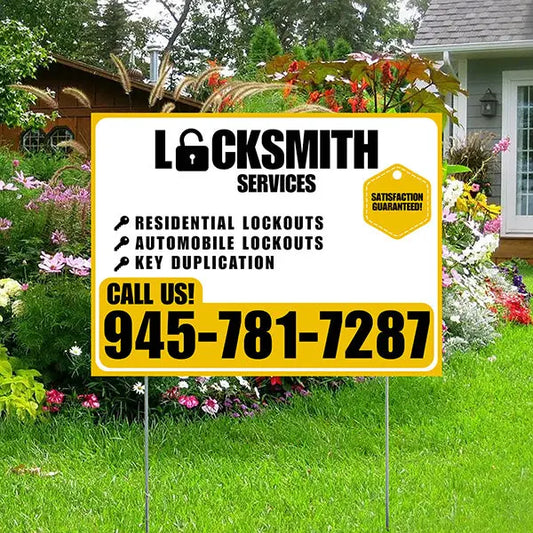 Locksmith Services - Residential Lockouts, Automobile Lockouts, Key Duplication - Plain Mustard Gold White Design YardSigns.com