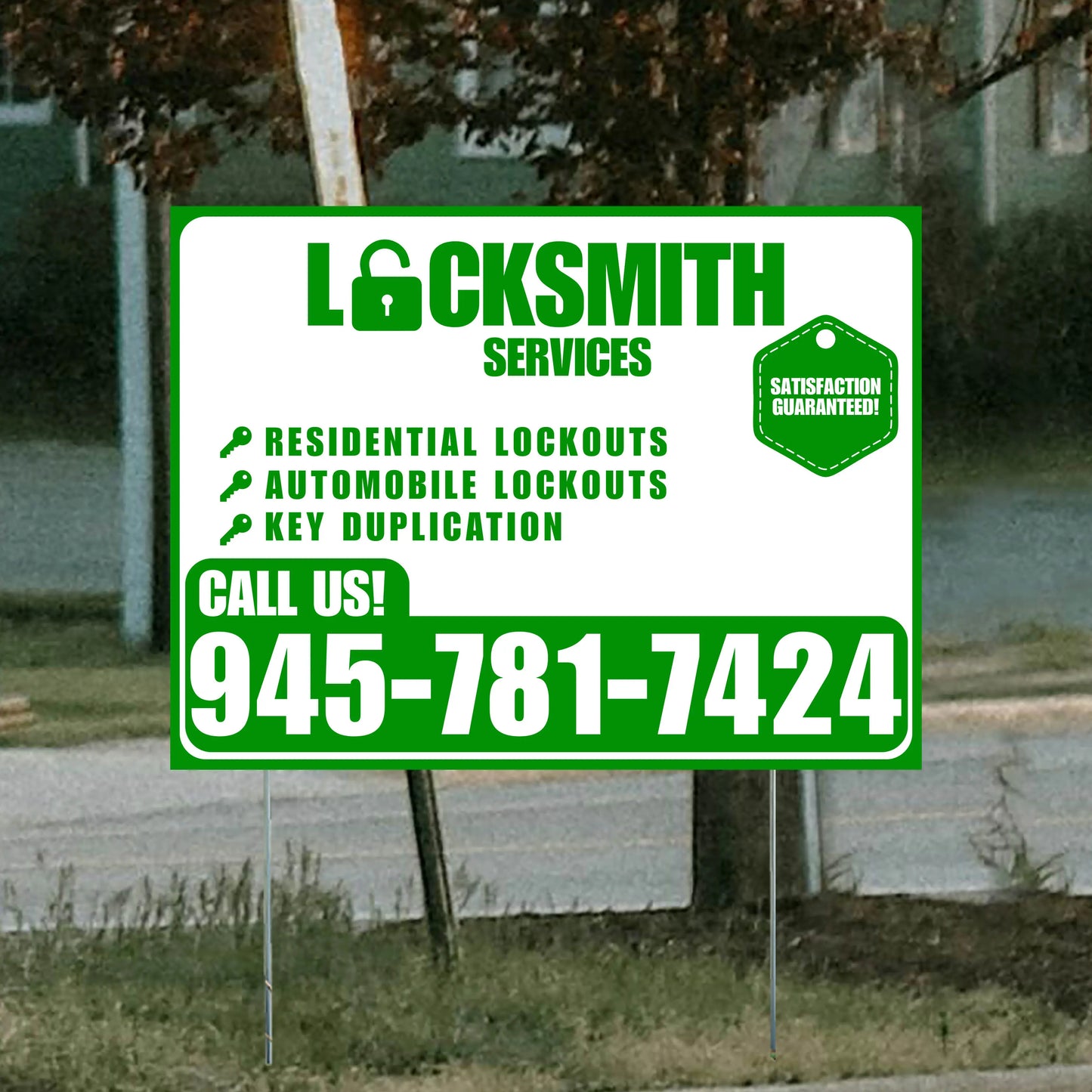 Locksmith Services - Residential Lockouts, Automobile Lockouts, Key Duplication - Plain Green White Design YardSigns.com