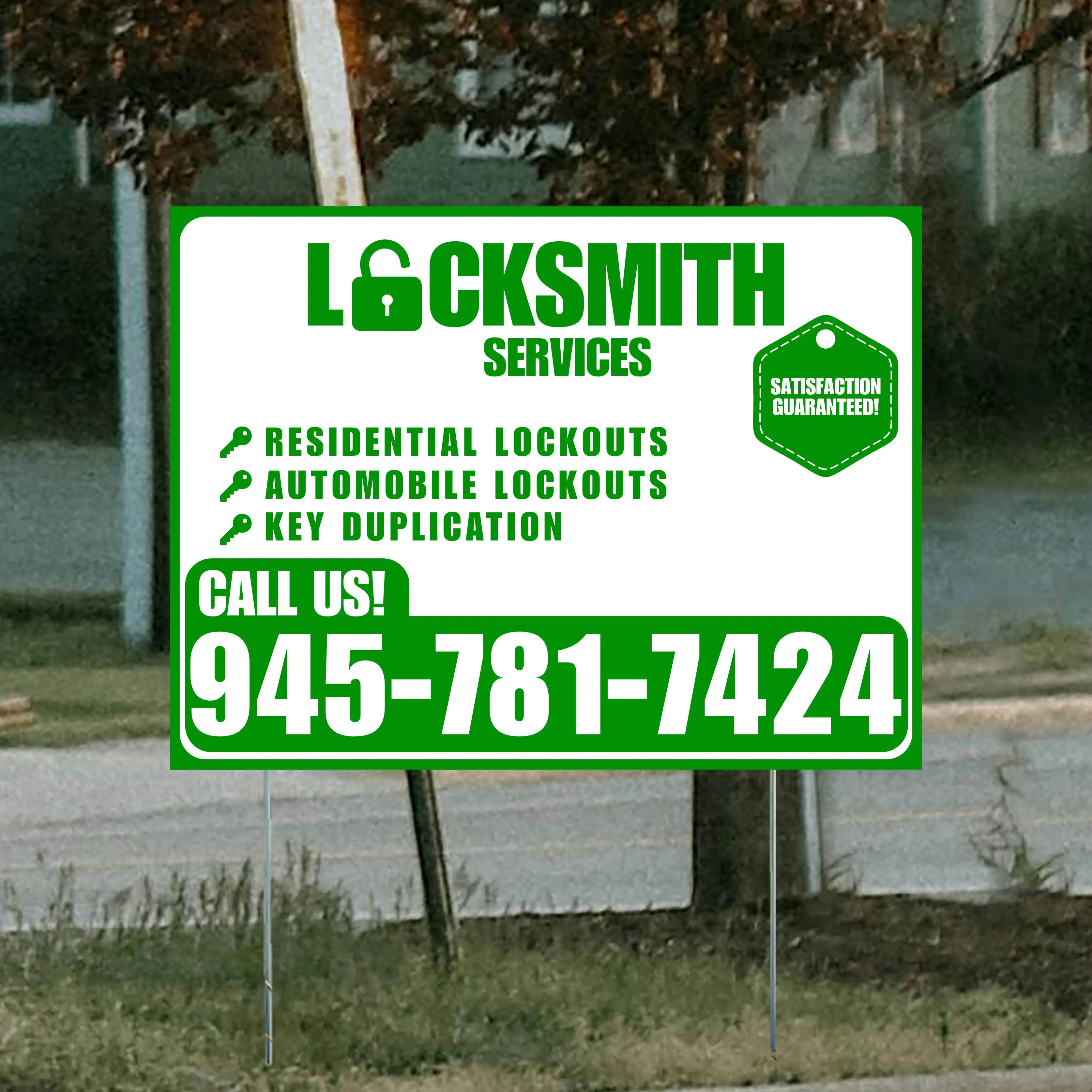 Locksmith Services - Residential Lockouts, Automobile Lockouts, Key Duplication - Plain Green White Design YardSigns.com