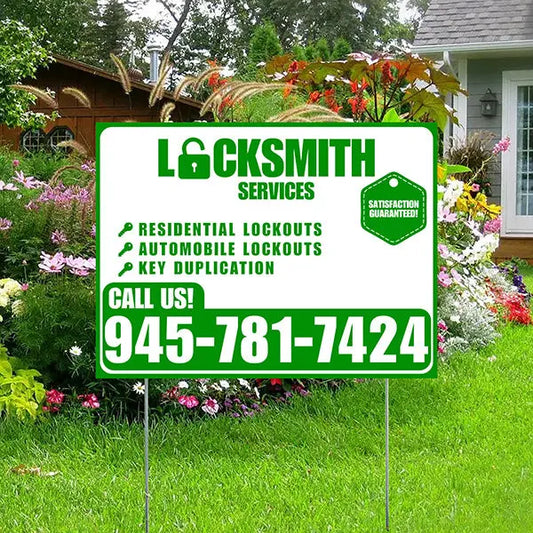 Locksmith Services - Residential Lockouts, Automobile Lockouts, Key Duplication - Plain Green White Design YardSigns.com