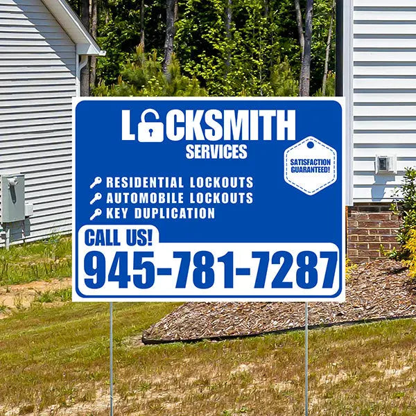 Locksmith Services - Residential Lockouts, Automobile Lockouts, Key Duplication - Plain White Blue Design YardSigns.com