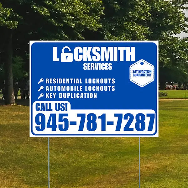 Locksmith Services - Residential Lockouts, Automobile Lockouts, Key Duplication - Plain White Blue Design YardSigns.com