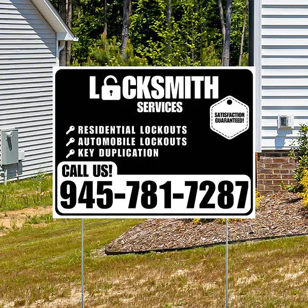 Locksmith Services - Residential Lockouts, Automobile Lockouts, Key Duplication - Plain White Black Design YardSigns.com