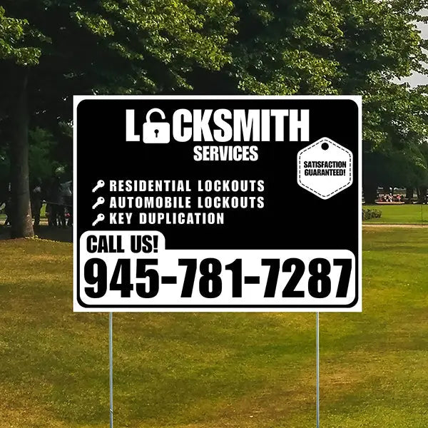 Locksmith Services - Residential Lockouts, Automobile Lockouts, Key Duplication - Plain White Black Design YardSigns.com