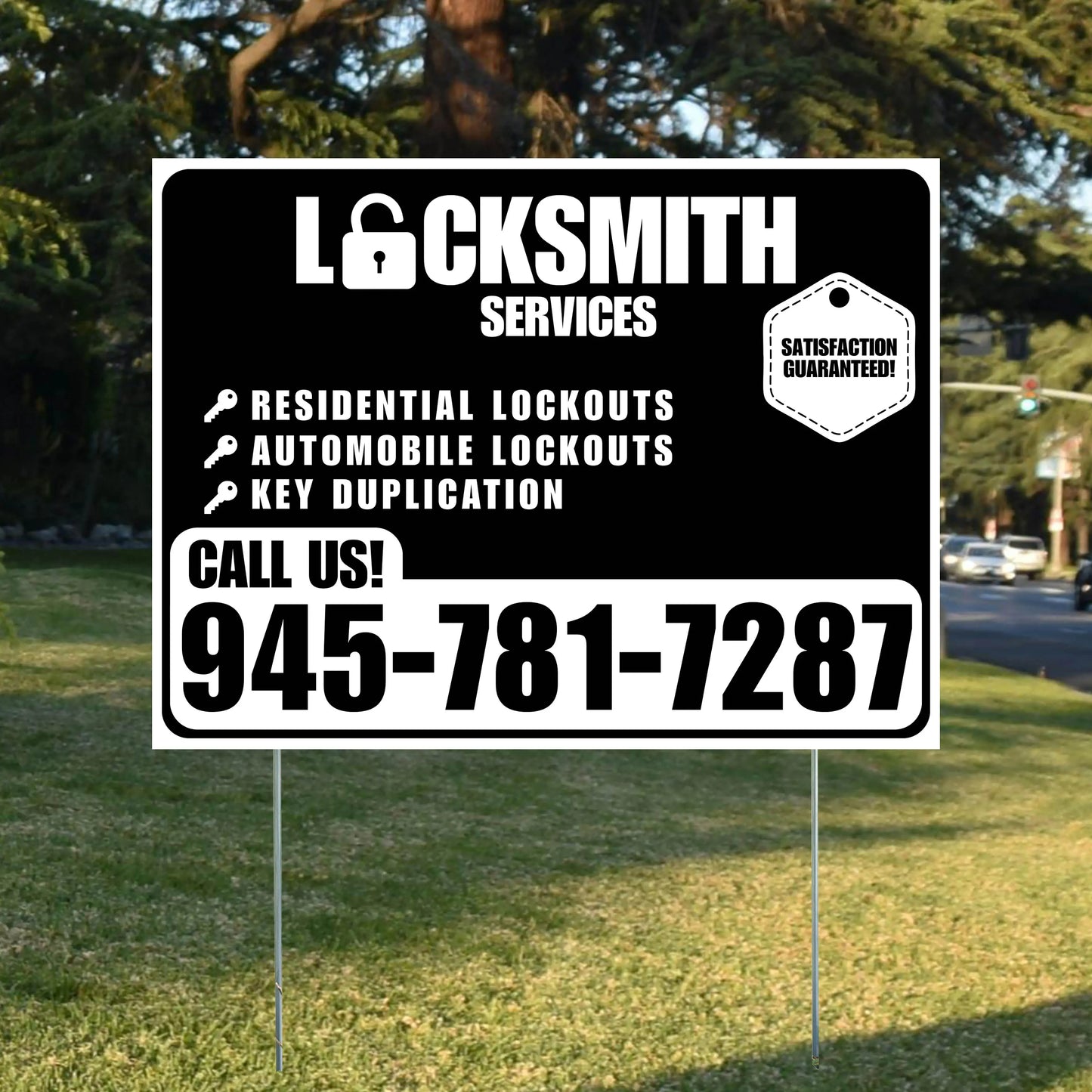 Locksmith Services - Residential Lockouts, Automobile Lockouts, Key Duplication - Plain White Black Design YardSigns.com
