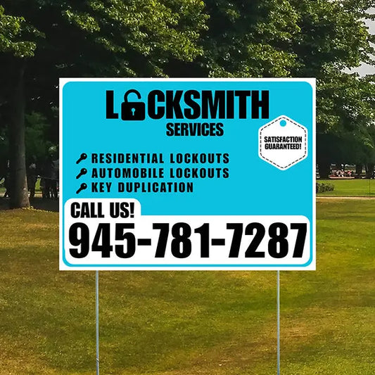 Locksmith Services - Residential Lockouts, Automobile Lockouts, Key Duplication - Plain White Aqua Blue Design YardSigns.com