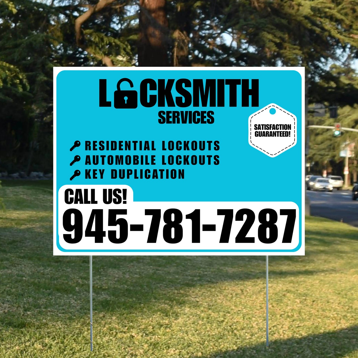 Locksmith Services - Residential Lockouts, Automobile Lockouts, Key Duplication - Plain White Aqua Blue Design YardSigns.com