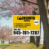 Locksmith Services - Residential Lockouts, Automobile Lockouts, Key Duplication - Plain White Mustard Gold Design YardSigns.com