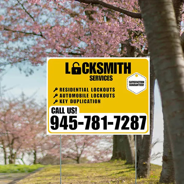 Locksmith Services - Residential Lockouts, Automobile Lockouts, Key Duplication - Plain White Mustard Gold Design YardSigns.com