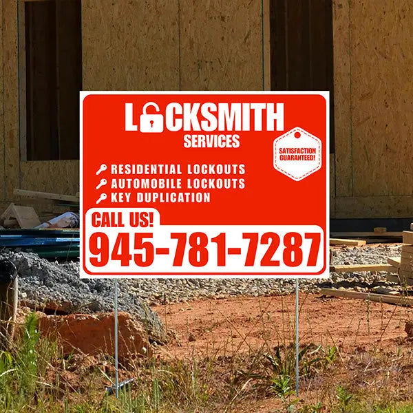 Locksmith Services - Residential Lockouts, Automobile Lockouts, Key Duplication - Plain White Chili Red Design YardSigns.com