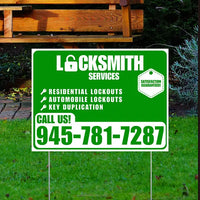 Locksmith Services - Residential Lockouts, Automobile Lockouts, Key Duplication - Plain White Green Design YardSigns.com